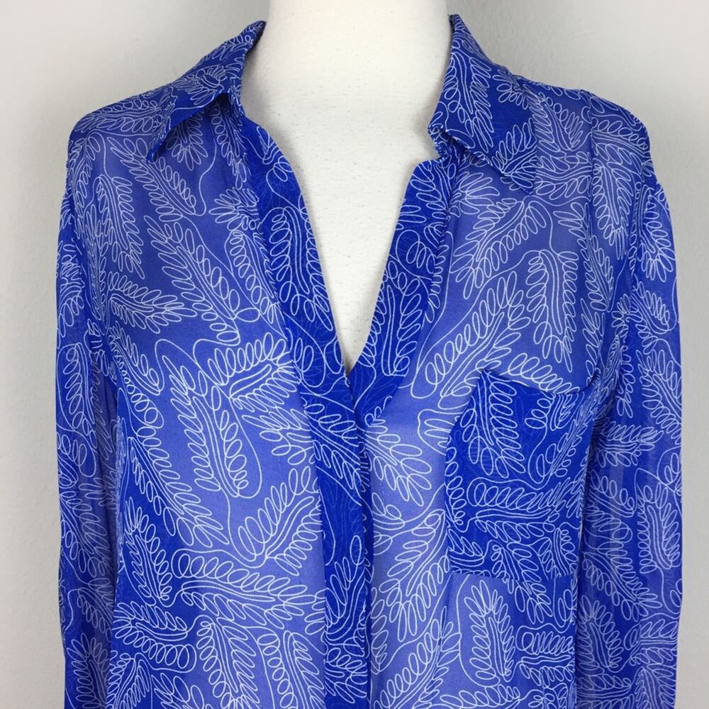 Diane Von Furstenberg Blue Leaf Print Silk Sheer Top 2 - Picture 9 of 10